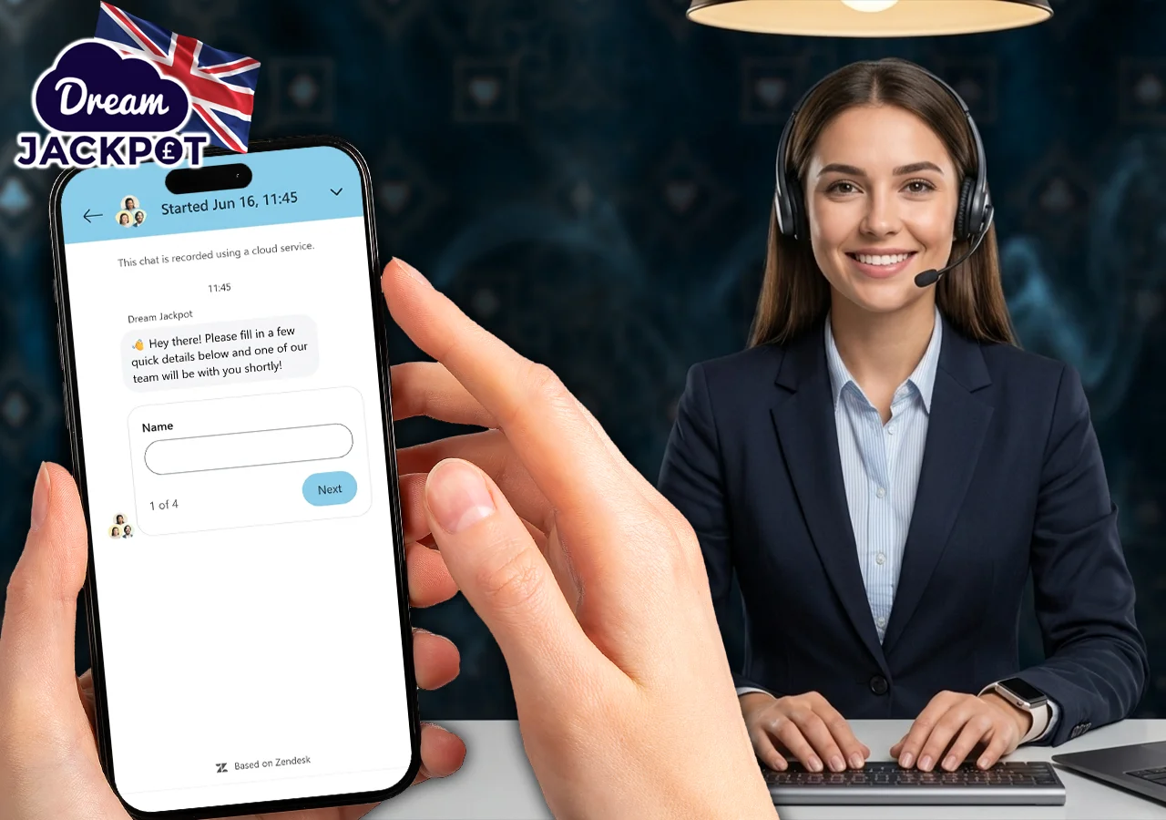 Professional customer support service helps British players via 24/7 Dream Jackpot chat.